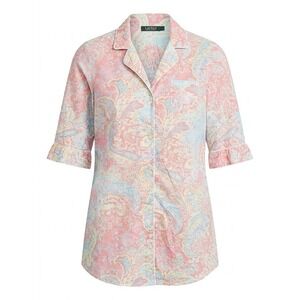 Lauren Ralph Lauren Pink Paisley Cotton Pajama Top Short Sleeve Ruffle Gown Med.
